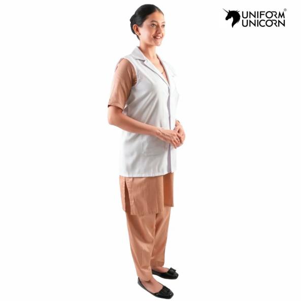 Female Nurse Wear Beige Cotton Uniform with Collar Neck Machine Washable Manufacturers, Suppliers, Exporters in Surat