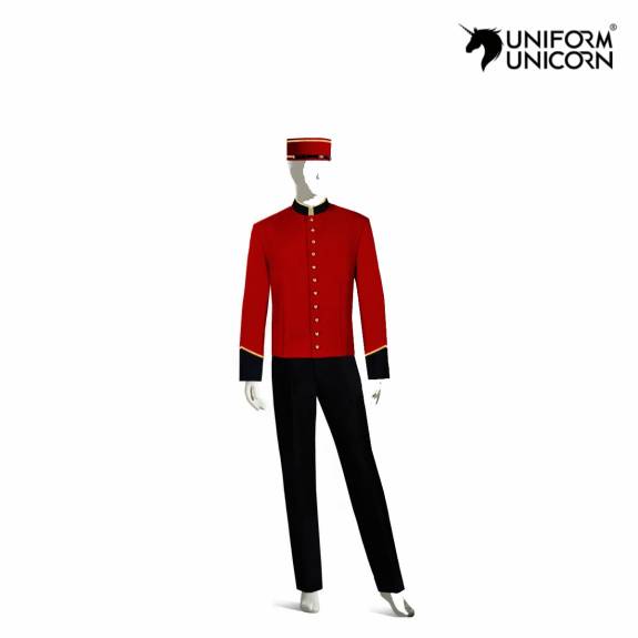 Mens Bellboy Uniform for Hotel Red Tops and Black Pants Customized Design Manufacturers,Suppliers, Exporters in Surat