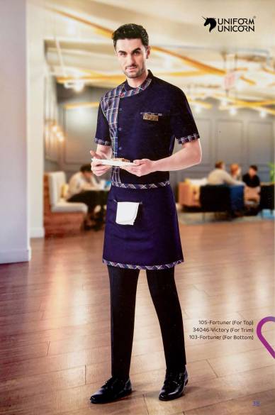 Navy Blue With Short Apron Hotel Waiter Uniform  Manufacturers,Suppliers, Exporters in Surat