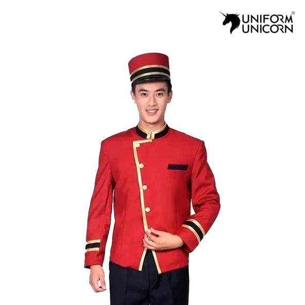 Professional Bellboy Uniform for Men Red Blended Fabric Comfort Fit Best Quality Stitching Manufacturers, Suppliers, Exporters in Surat