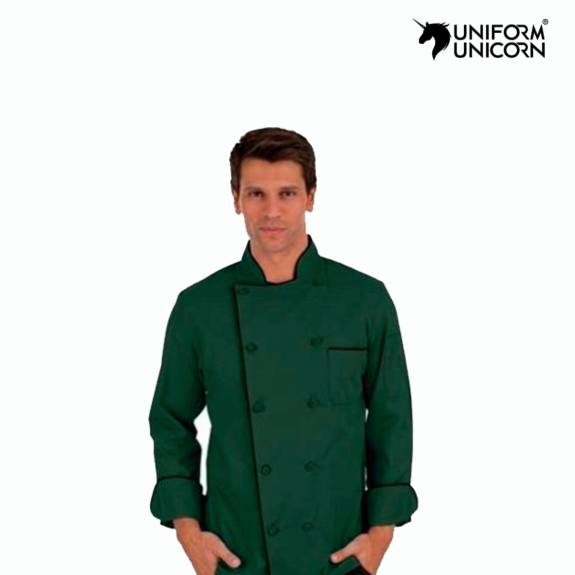 Professional Dark Green Chef Jacket Fabric Band Collar Button Closure Manufacturers,Suppliers, Exporters in Surat