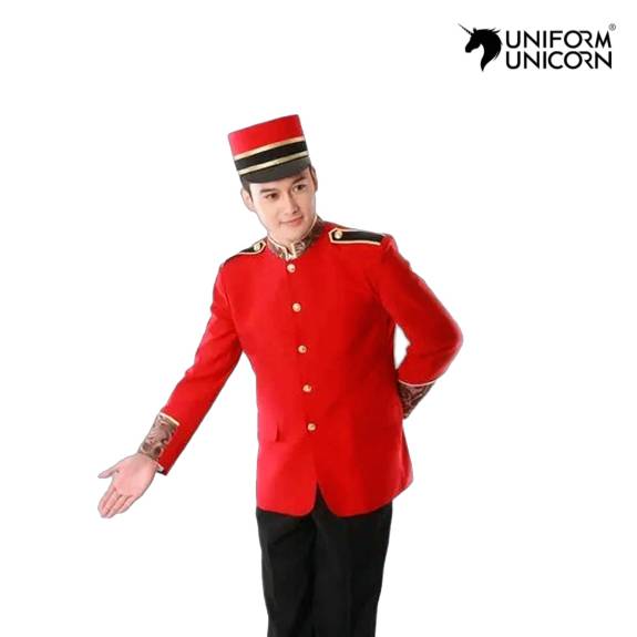 Red Blended Fabric Bellboy Uniform for Men Best Quality Stitching Comfort Fit All Sizes Manufacturers,Suppliers, Exporters in Surat